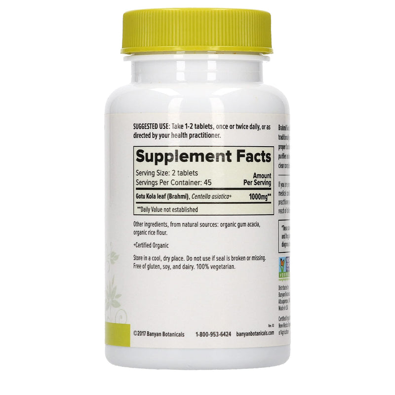 Banyan Botanicals Brahmi/Gotu Kola Tablets - USDA Organic - 90 Tablets - Centella asiatica - Brain & Nervous System Rejuvenative* - NewNest Australia