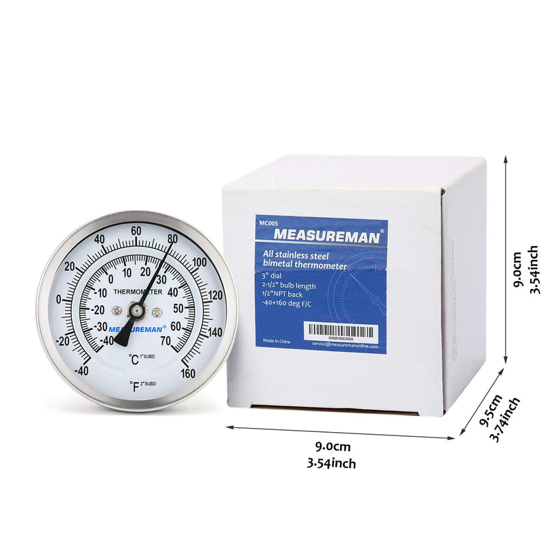 Measureman Fully Stainless Steel Pot, Kettle, Brewing Bimetal Dial Thermometer, 3" Dial, 2-1/2" Stem, -40-160 deg F/-40-70 deg C, +/-1% Accuracy, Adjustable, 1/2" NPT Back Mount -40-160 ℉/ ℃ 2.5" Stem - NewNest Australia