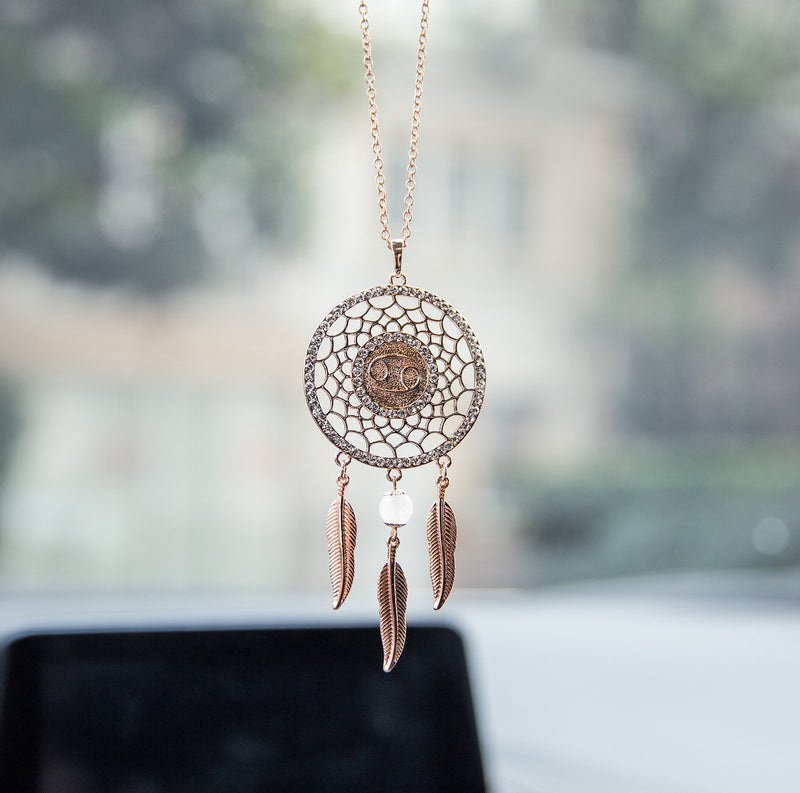NewNest Australia - Boltz Mini Zodiac Cancer Sign Dream Catcher Car Charm Rear View Mirror Accessories, Boho Dangling Feather Tassel Bead Pendant Constellation Ornament Wall Hanging Home Decoration (Cancer-2) 