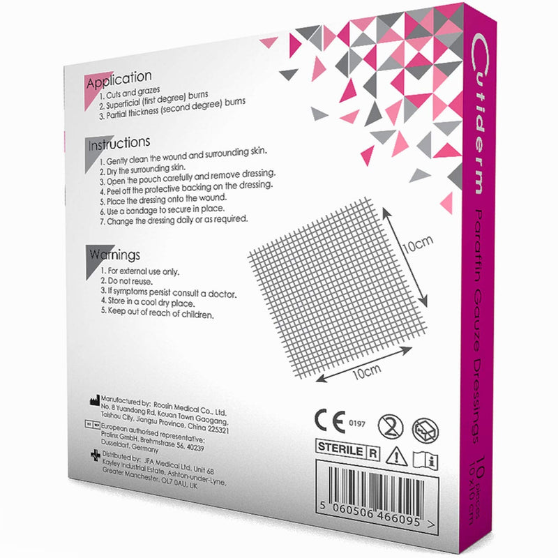 Pack of 10 Cutiderm Sterile Paraffin Gauze Dressing 10cm x 10cm - Suitable for Superficial and Partial Thickness Burns, Skin Loss Wounds, abrasions and Traumatic Injuries 10 Count (Pack of 1) - NewNest Australia