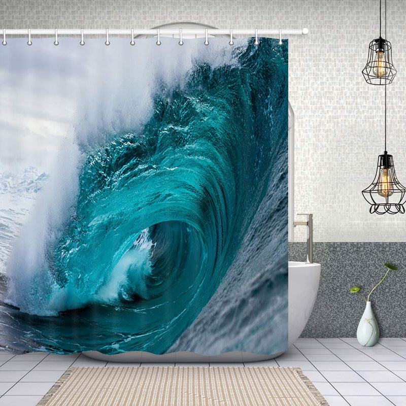 NYMB Aqua Ocean Seawater Shower Curtain, Polyester Fabric Nautical Summer Tropical Surfing Wave on a Blue White Windy Sea Bathroom Decorations, Dark Teal Bath Curtains Hooks Included, 69X70in - NewNest Australia