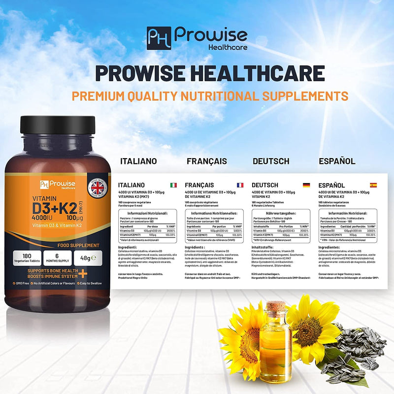 Vitamin D3 4000IU & K2 MK7 100µg Vegetarian Tablets I 180 ( 6 Months Supply) I Easy to Swallow Supplement for Immune Support, Calcium Boost, Bone & Muscle I Made in The UK by Prowise Healthcare - NewNest Australia
