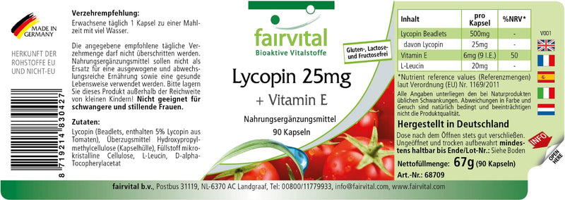 Fairvital | Lycopene capsules with vitamin E - 25mg Lycopene - VEGAN - 90 capsules - microencapsulated - NewNest Australia