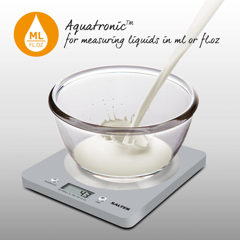 Salter 1036 SVSSDR Disc Electronic Scale, Digital Weighing, Stylish Slim Design, Home/Kitchen Cooking, Spun Stainless Steel Platform, Add,Weigh, Measures Liquids/Fluids, 5 Kg Capacity, Silver/Chrome Single - NewNest Australia