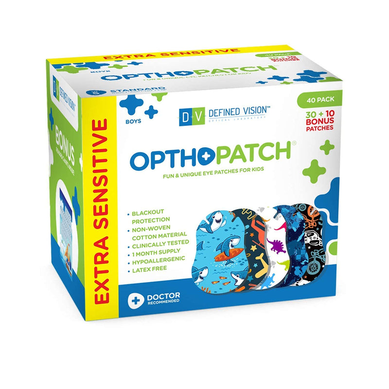 OPTHOPATCH Kids Eye Patches - Fun Boys Design - 30 + 10 Bonus Latex Free Hypoallergenic Cotton Extra Sensitive Adhesive Bandages for Amblyopia & Cross Eye-3 Reward Chart Posters by Defined Vision - NewNest Australia