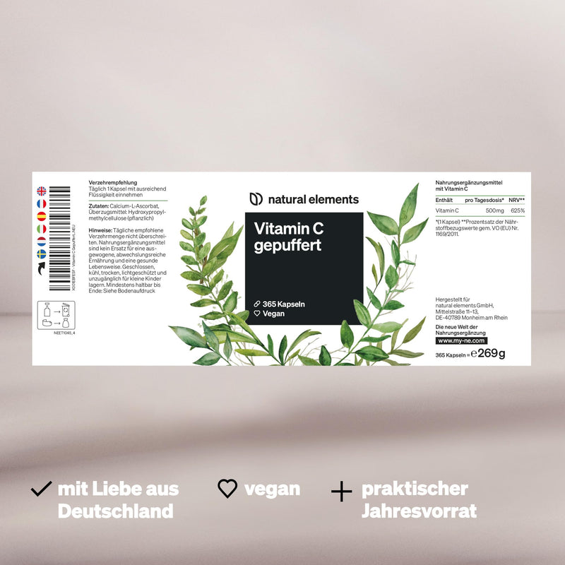 Vitamin C 500 Mg, 365 Capsules, Premium Buffered Vitamin C (Ph Neutral, Acid-Free And Gentle On The Stomach), No Unwanted Additives, Vegan And Made In Germany - NewNest Australia