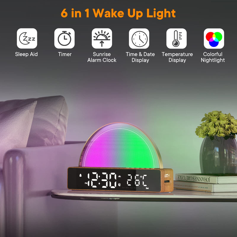 Sunrise Alarm Clock, Wake Up Light with Sunrise Simulation, White Noise Machine, Touch Control Bedside Lamps Dimmable Multicolor Night Light, 10 Nature Sounds, Snooze/Timer/Temperature Display Wooden - NewNest Australia