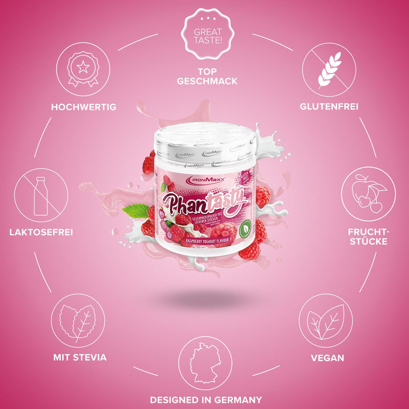 IronMaxx Phantasty flavor powder - Raspberry Yogurt 250g can | with real fruit pieces | vegan, lactose-free and gluten-free - NewNest Australia
