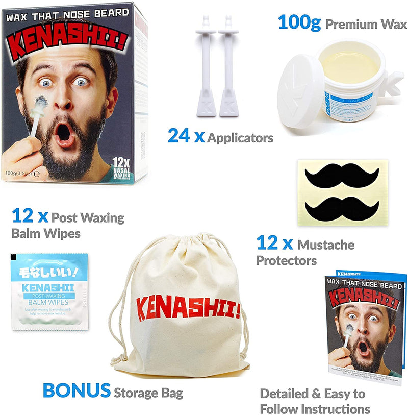 Nose Wax Kit, 100 g Wax, 24 Applicators. The Original and Best Nose Hair Removal Kit from Kenashii. Nose Waxing For Men and Women. 12 Applications, 12 Post Waxing Balm Wipes, 12 Mustache Guards - NewNest Australia