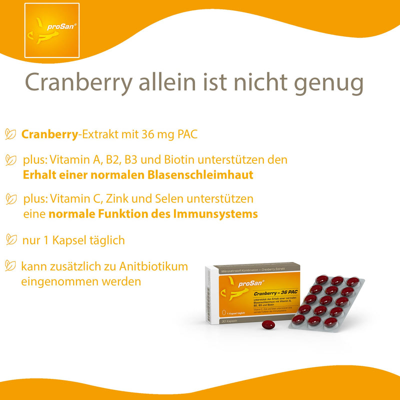 proSan Cranberry-36 PAC (30 capsules) | 3x strong: 36 mg cranberry PAC + micronutrients for the bladder mucosa and a strong immune system | only 1 capsule daily | Quality from Germany - NewNest Australia