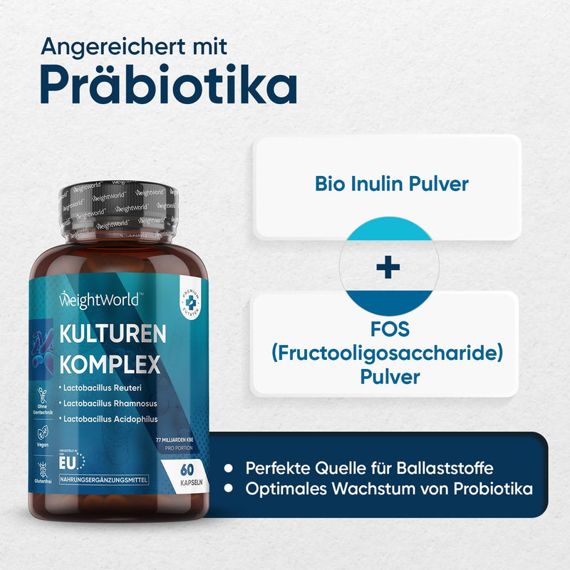 Culture Complex With 77 Billion Cfu - 20 Bacterial Cultures & Organic Inulin - Probiotics & Prebiotics - Gastric Juice Resistant & Vegan - 60 Intestinal Flora Capsules - Lactic Acid Bacteria - By - NewNest Australia