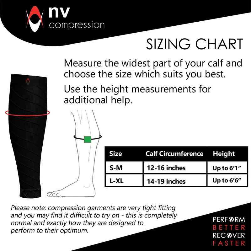 NV Compression Essential Race and Recover Calf Guards/Sleeves (PAIR) 20-30mmHg - For Sports Recovery, Shin Splints, Medical, Work, Flight - Running, Cycling, Gym (Bk/Grey Chevrons, S-M) Black/Grey Solid Chevrons S-M (12-16" / 30-41cm) - NewNest Australia
