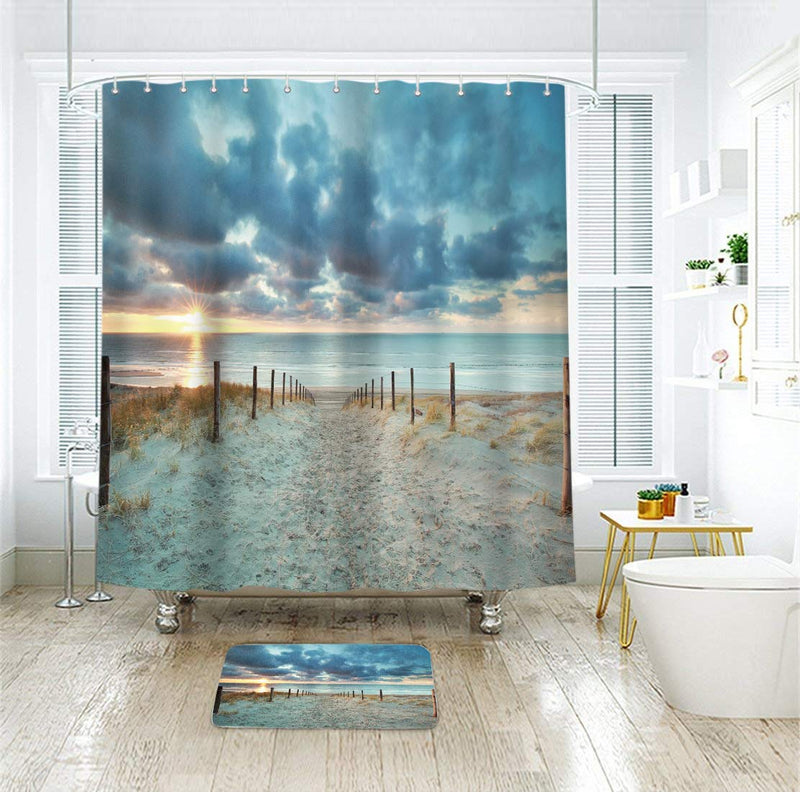 Riyidecor Ocean Beach Shower Curtain 72Wx72H Sunset Scenic Blue Sky Seaside Landscape Sand Decor Fabric Bathroom 12 Pack Plastic Shower Hooks Beach Scenic - NewNest Australia