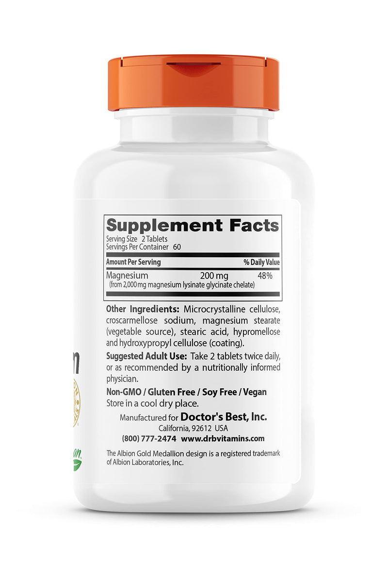 Doctor's Best High Absorption Magnesium Glycinate Lysinate, 100% Chelated, TRACCS, Not Buffered, Non-GMO, Vegan, Gluten & Soy Free, 100 mg, 120 Tablets - NewNest Australia
