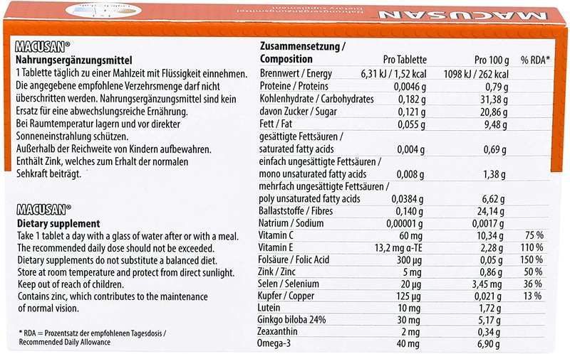 Macusan 30 Tablets Maintain Vision - With Ginkgo Zeaxanthin Lutein For Eyes Dietary Supplement Against Age-Related Macular Degeneration Amd 30 Pieces (Pack Of 1) - NewNest Australia