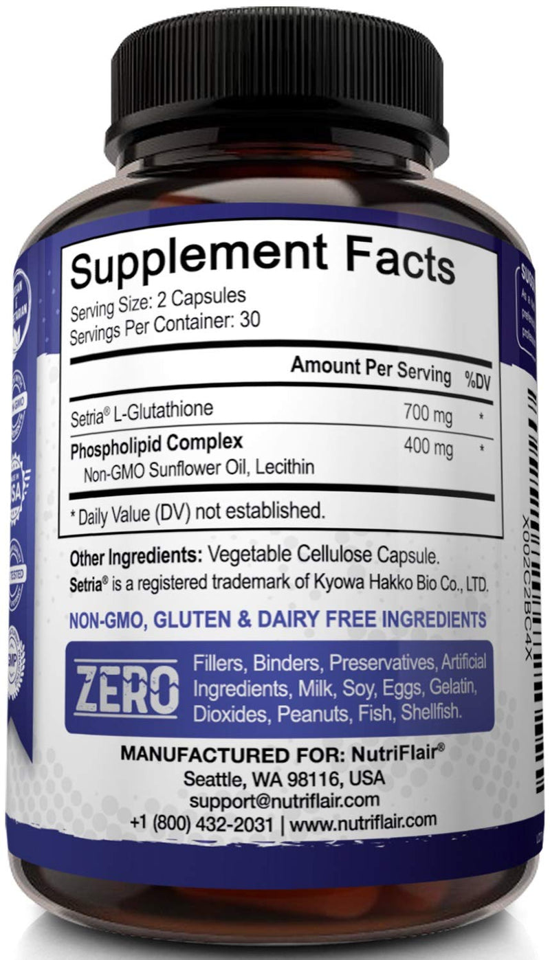 NutriFlair Liposomal Glutathione Setria® 700mg - Pure Reduced, Stable, Active Form L Glutathione reductase (GSH), Enhanced Absorption - Non GMO Antioxidant, Detox, Cardiovascular, Brain, Immune Health - NewNest Australia