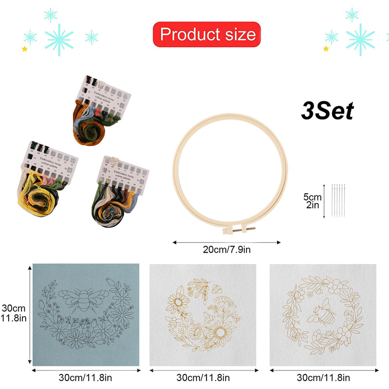 Lukinbox Embroidery Starter Kit for Beginners, 3 Sets Cross Stitch Kits for Adults, Include Embroidery Clothes with Cute Bees and Flowers Patterns Embroidery Hoops, Threads, Needles and Instruction - NewNest Australia