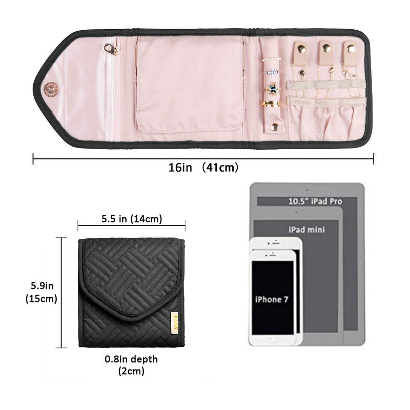KUAK Travel Jewelry Organizer Roll Foldable Mini Jewelry Bag for Women Girls Gift, Jewelry Case for Rings, Necklaces, Earrings, Bracelets, Black Small - NewNest Australia