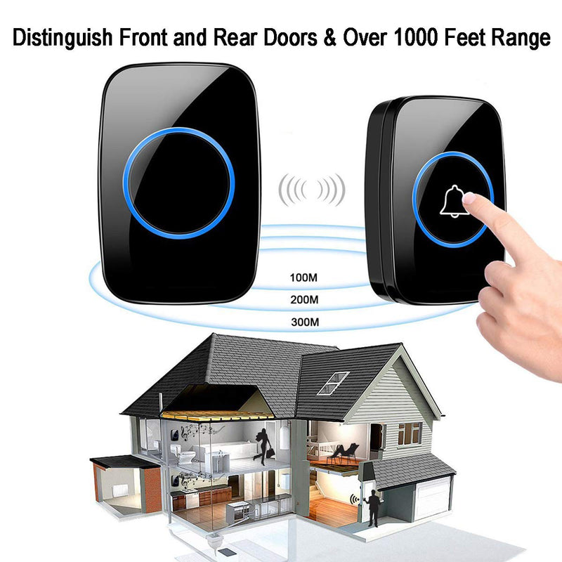Wireless Doorbell, Waterproof Door Bell Kit, Distinguish front and rear doors, Over 1000 feet Range and 60 Chime, 5 Levels Volume and LED Flash, for Home Office Classroom 2 Push Button + 1 Plug-In Receiver Black - NewNest Australia