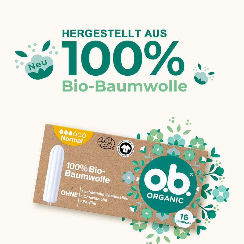 o.b. Organic Normal, Organic Tampons for Medium to Strong Days, Made from 100% Organic Cotton for Natural Protection (1 x 16 Pieces),Brown,30360 - NewNest Australia