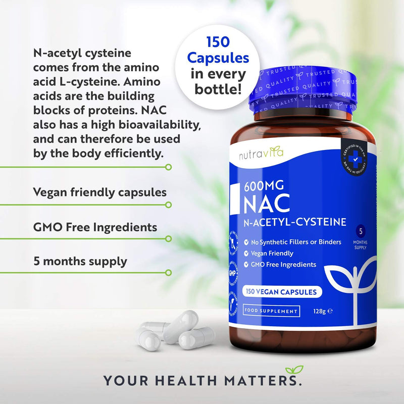 NAC N-Acetyl-Cysteine 600mg – 150 Vegan Capsules – 5 Months Supply of NAC Supplement – High Bioavailability – No Synthetic Fillers & Binders – Made in The UK by Nutravita - NewNest Australia