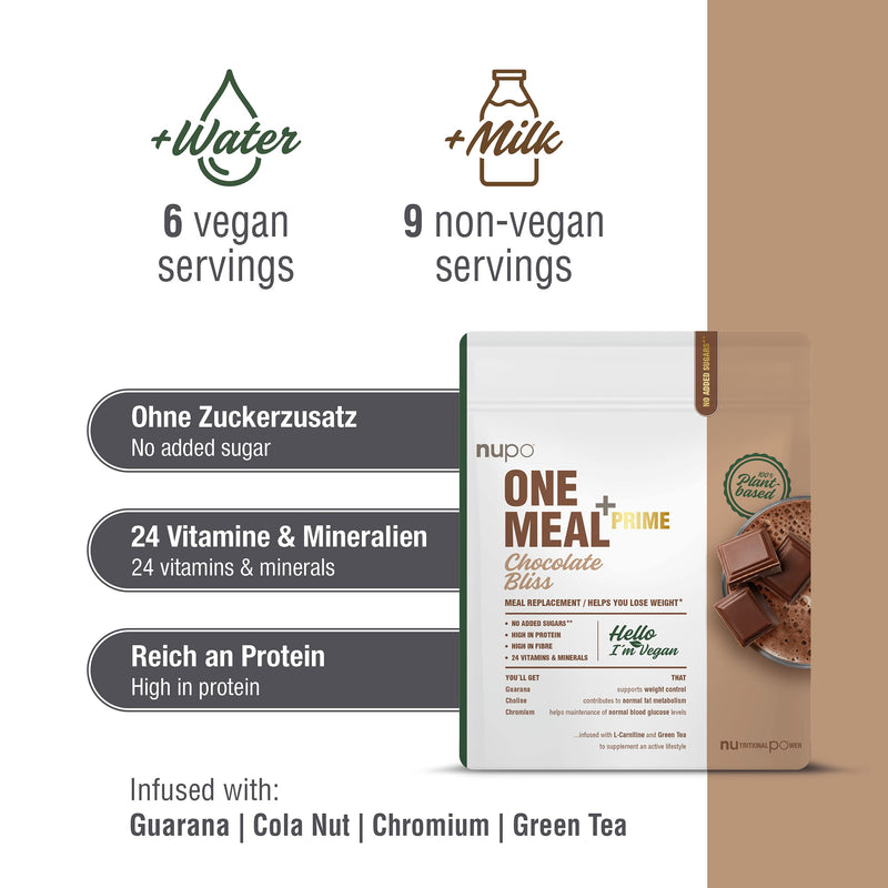 NUPO One Meal + Prime Vegan Powder - Chocolate Bliss I Tasty Meal Replacement Shakes for a Balanced Diet Plan I High in Protein I No Added sugars I 24 Vitamins and Minerals I 360g - NewNest Australia