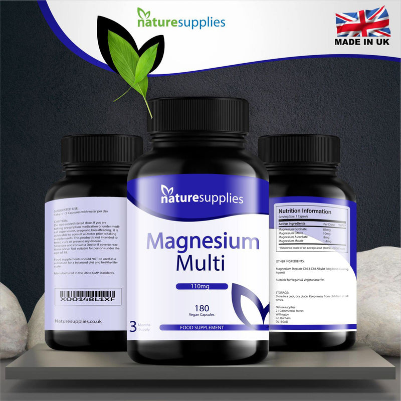 Naturesupplies Magnesium Multi Capsules 180 Pack Made in UK, High Absorption 4 Magnesium Powders in One Capsule, Citrate, Malate, Ascorbate & Bis-Glycinate - NewNest Australia