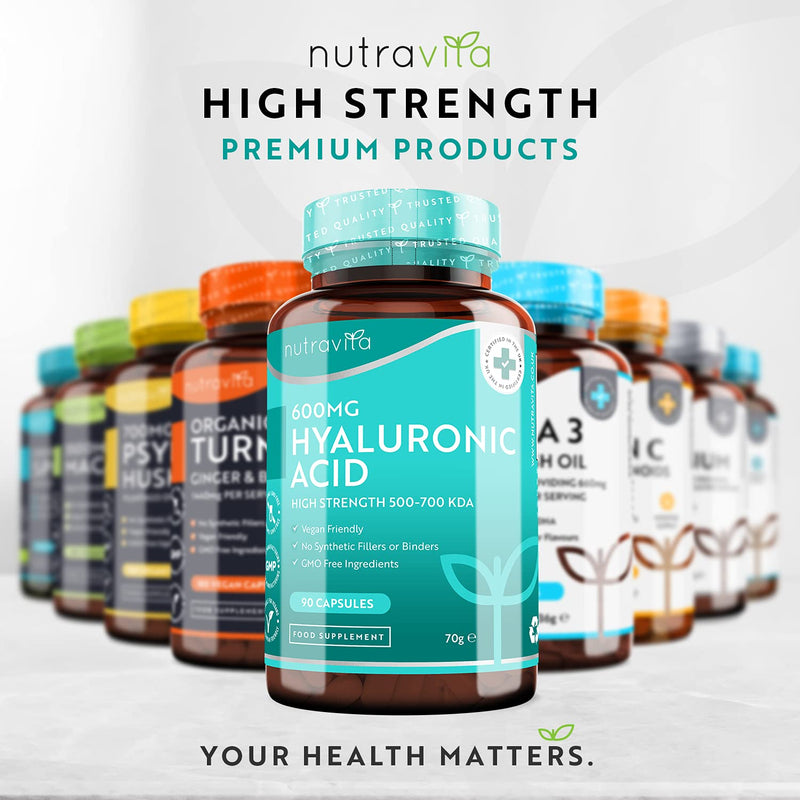 Hyaluronic Acid Capsules - 3 Month Supply of 600mg Hyaluronic Acid Capsules - High Dose with 500-700 KDA - GMO Free with No Synthetic Fillers or Binders - Made in The UK by Nutravita 90 Capsules - NewNest Australia
