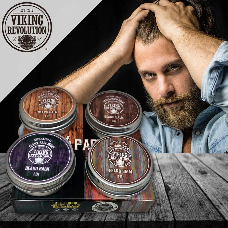 Viking Revolution Beard Balm Pack of 4 (28 g each) - Sandalwood, Cedar & Pine, Bay Rum, Clary Sage - Styles, Strengthens and Softens Beards & Mustaches - Nourishing Men 28.34 g (Pack of 4) - NewNest Australia