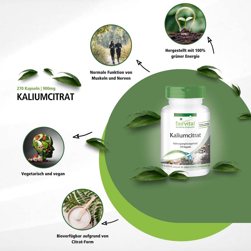 Fairvital | Potassium citrate capsules - HIGH DOSE - 300mg potassium per capsule - VEGAN - Potassium Citrate - 270 capsules - NewNest Australia