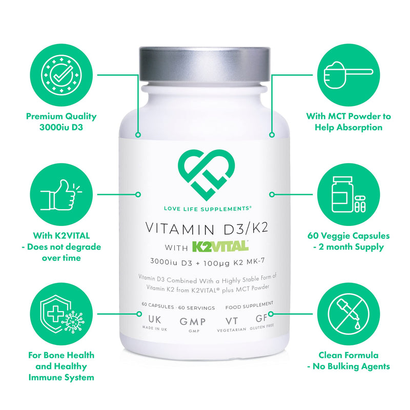 Vitamin D3 + K2 MK-7 (K2VITAL® - Superior Form of K2) by LLS | 60 Capsules | 3000iu D3 + 100μg K2 MK-7 | Includes MCT Powder for Increased Absorption | Love Life Supplements - Premium UK Supplements - NewNest Australia
