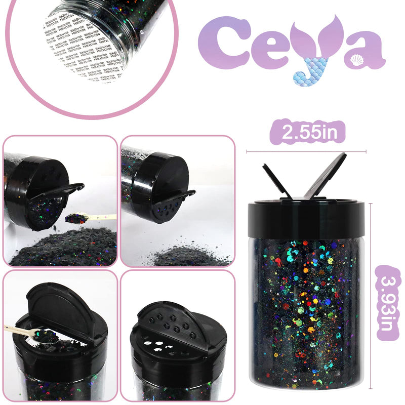 Ceya Holographic Chunky Glitter, 3.5oz/ 100g Black Craft Glitter Powder Mixed Chunky Fine Flakes Iridescent Nail Sequins for Nail Art, Hair, Epoxy Resin, Tumblers, Slime, Painting, Festival Decor - NewNest Australia