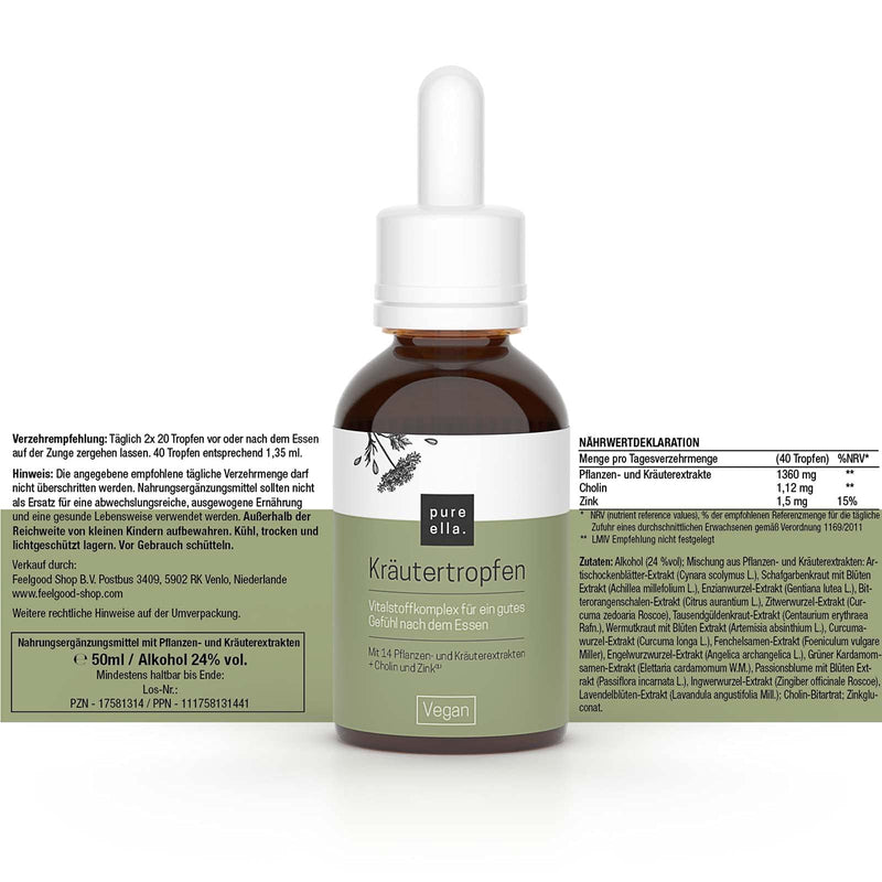 Pure Ella herbal drops with alcohol - dietary supplement with plant and herbal extracts, zinc & choline - bitter drops for a good metabolism - 1 x 50 ml - NewNest Australia