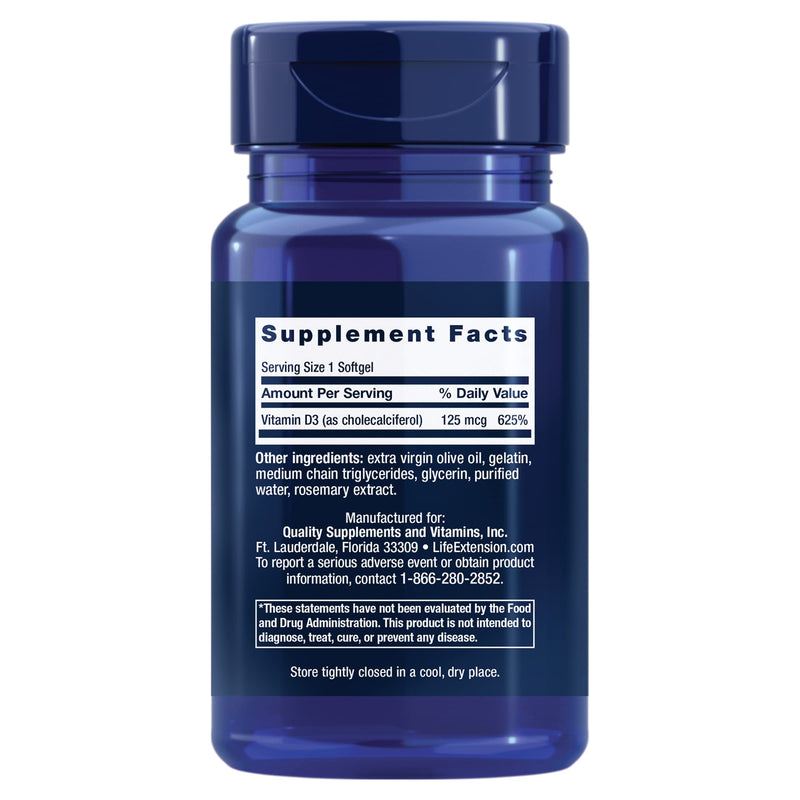 Life Extension Vitamin D3 125mcg (5000 IU) – Supports Bone & Immune Health, Anti-Aging & Longevity Supplements– Non-GMO, Gluten-Free, Once Daily – 60 Softgels 60 Count (Pack of 1) Standard Packaging - NewNest Australia