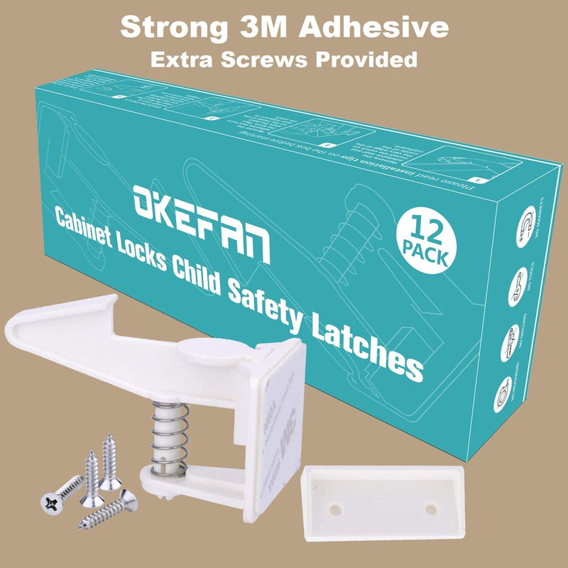 Cabinet Locks Child Safety Latches - OKEFAN 12 Pack Baby Proofing Cabinets Drawer Lock Adhesive Latch for Kids Proof Drawers No Drilling Tools Needed (White) White - NewNest Australia