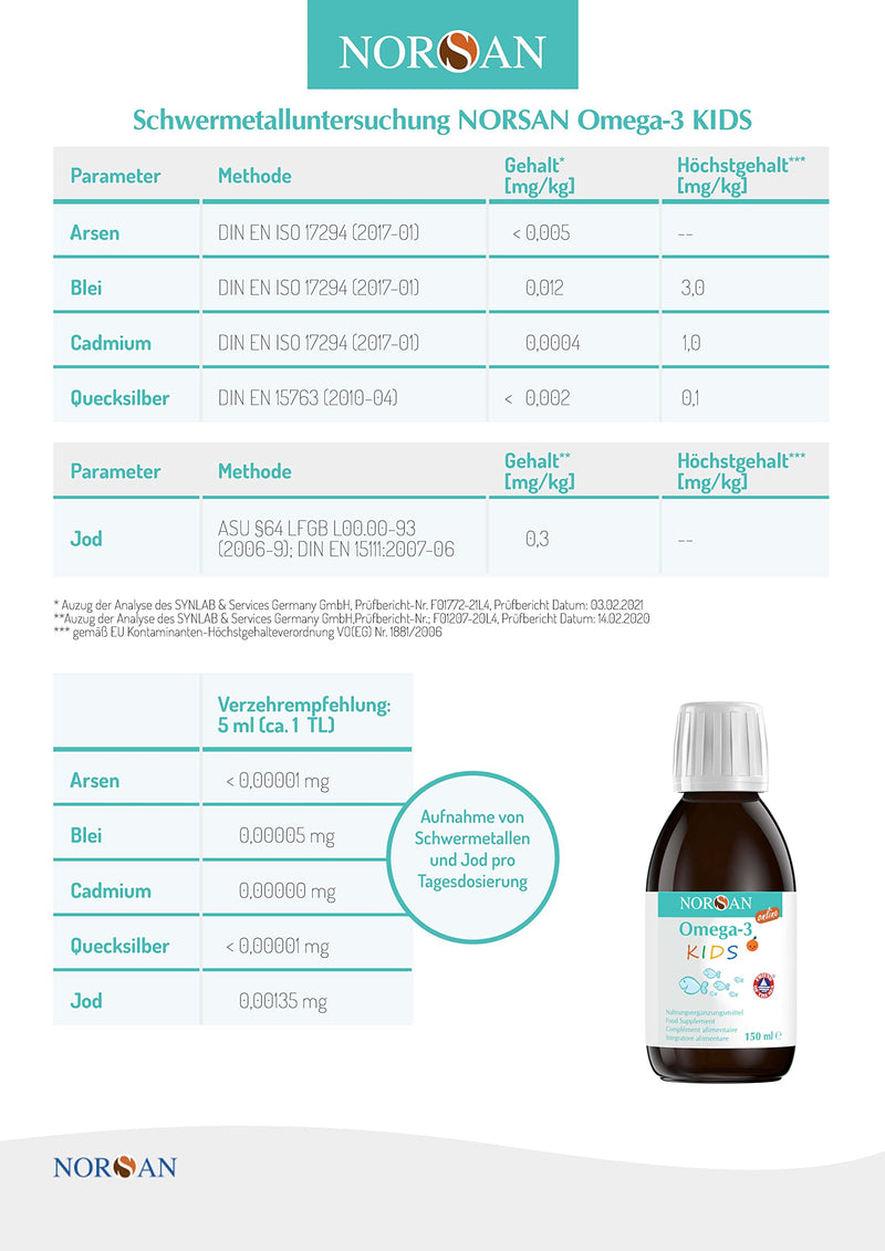 NORSAN Omega 3 KIDS fish oil high dosage 150 ml/Omega 3, 1,120 mg per serving/Omega 3 with EPA & DHA/daily dose 1 tsp premium oil/Easy Fish Oil for children 150 ml (pack of 1) - NewNest Australia