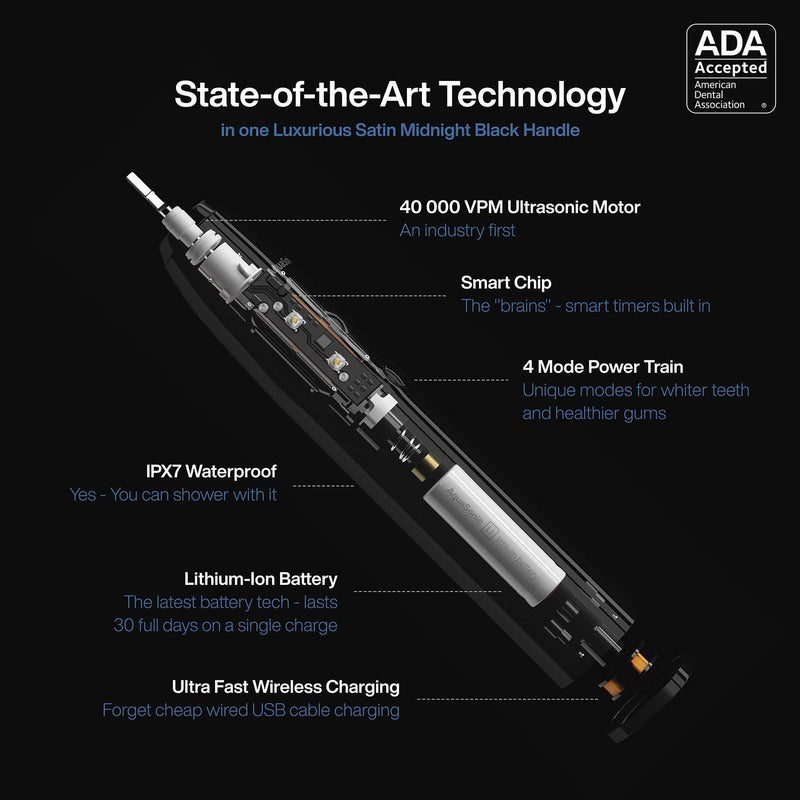 AquaSonic Black Series Ultra Whitening Toothbrush – ADA Accepted Electric Toothbrush - 8 Brush Heads & Travel Case - Ultra Sonic Motor & Wireless Charging - 4 Modes w Smart Timer - Sonic Electric - NewNest Australia