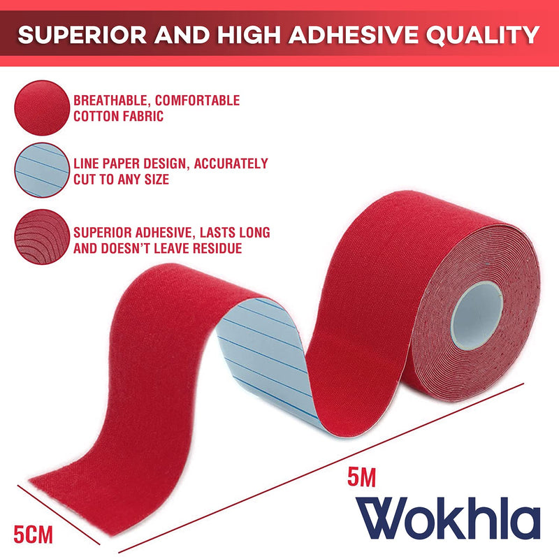 Red Kinesiology Tapes Waterproof - Latex Free Muscle & Physio Tape 5M Roll, Strong Grip Medicated Glue Sports Tape Strapping for Ankle, Knee & Shoulder-Includes E-Manual with Instructions Red - NewNest Australia
