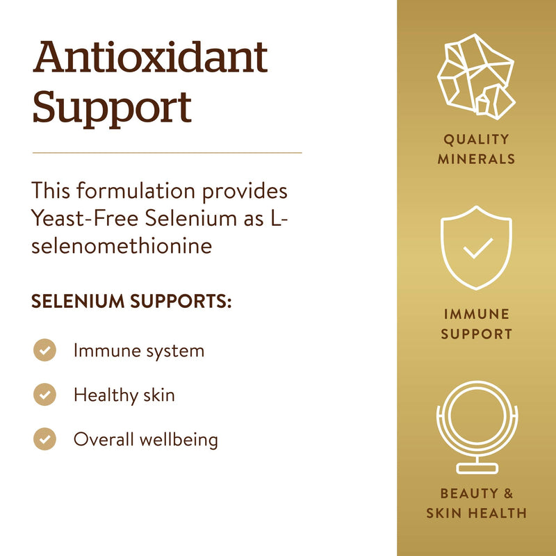 Solgar Yeast-Free Selenium 200 mcg, 100 Tablets - Supports Antioxidant & Immune System Health - Non-GMO, Vegan, Gluten Free, Dairy Free, Kosher - 100 Servings - NewNest Australia
