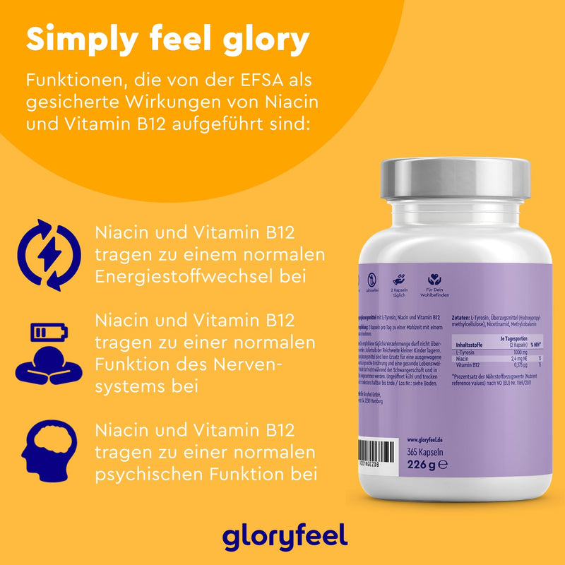 L-Tyrosine high dose - 365 capsules - With 1,000 mg tyrosine per daily dose - Amino acid with vitamin B for nerves, metabolism and psyche * - Supplies for half a year - 100% vegan - NewNest Australia