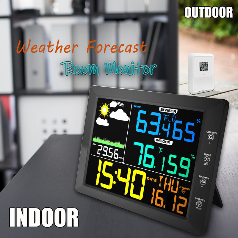 AIRAIN TECH Wireless Weather Station Clock, 10 Inch Home Indoor Weather Monitor with Barometer, Outdoor Temperature and Humidity Gauge, Black - NewNest Australia