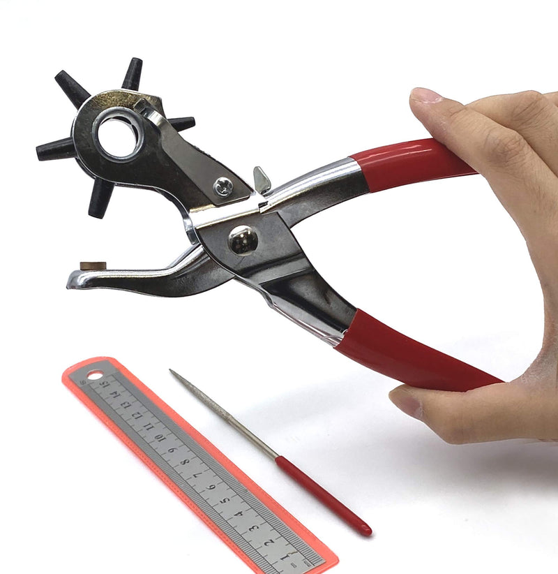 Adorox Heavy Duty 6 Size Revolving Leather Belt Hand Hole Puncher (Ruler & Deburring File Included) Red/Gray - NewNest Australia