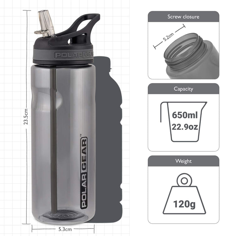 Polar Gear Aqua Grip Bottle – BPA-Free Reusable Sports Water Bottle & Foldable Straw – Drink at the Gym, in the Car & Outdoors – Clear Tritan Plastic & Dishwasher Safe – Black, 650ml - NewNest Australia