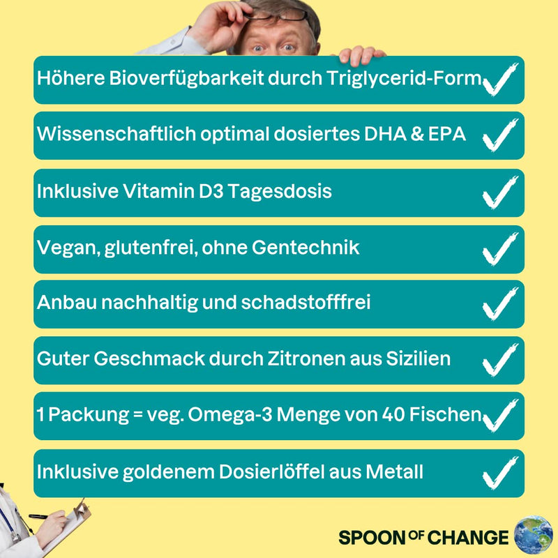 Premium Omega-3 Algae Oil Vegan (2900mg per day) - High dosage - with lemon - DHA & EPA - Science-based, laboratory tested - Sustainable - With vitamin D3 for the immune system - Spoon of Change® 100 ml (pack of 1) - NewNest Australia