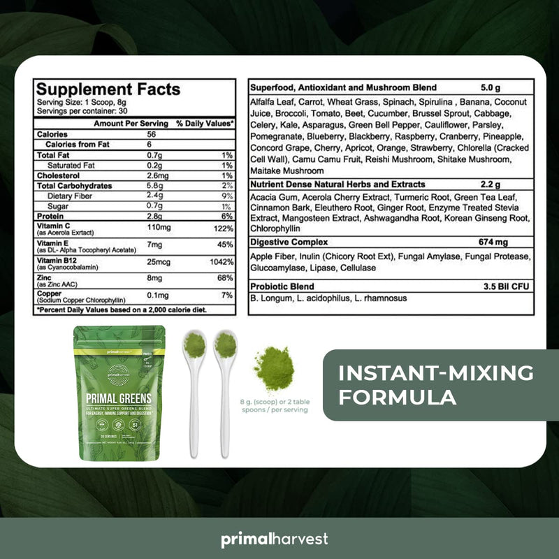 Super Greens Powder by Primal Harvest, 30 servings w/+50 Greens Superfood Chlorella, Probiotics, Green Tea, Wheatgrass, Kale, Turmeric, Green Superfood Powder for Energy - Primal Greens Green Powder - NewNest Australia