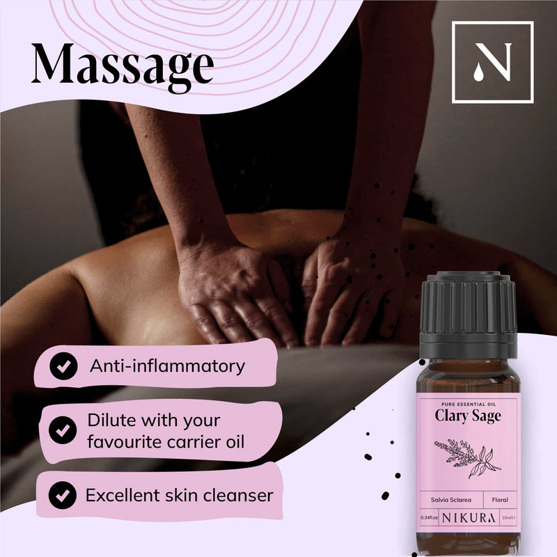 Nikura Clary Sage Essential Oil - 30ml | 100% Pure Natural Oils | Perfect for Sleep, Aromatherapy, Diffusers, Humidifier, Bath | Great for Self Care, Hair | Vegan & UK Made - NewNest Australia