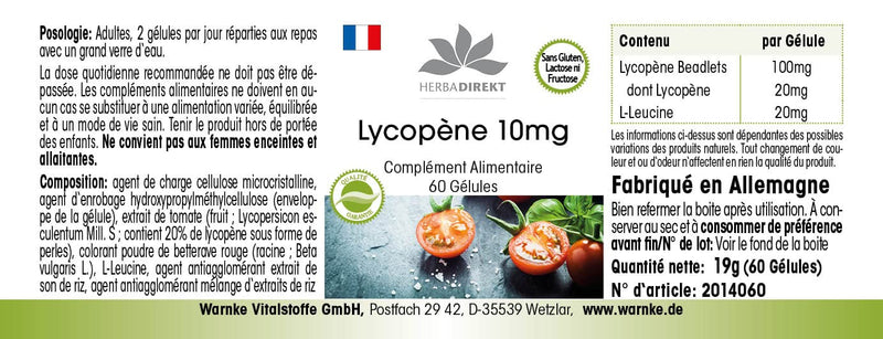 Lycopene capsules 10mg - high dosage - made from tomato extract - vegan - 60 capsules| HERBADIREKT by Warnke vital substances - NewNest Australia