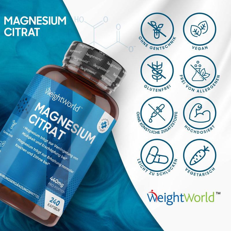 Magnesium Citrate - 240 Vegan Magnesium Capsules - 1480 Mg Pure Magnesium Citrate With 440 Mg Elementary Magnesium - Sports Electrolytes For Your Training & Fitness - Magnesium Citrate Powder - NewNest Australia