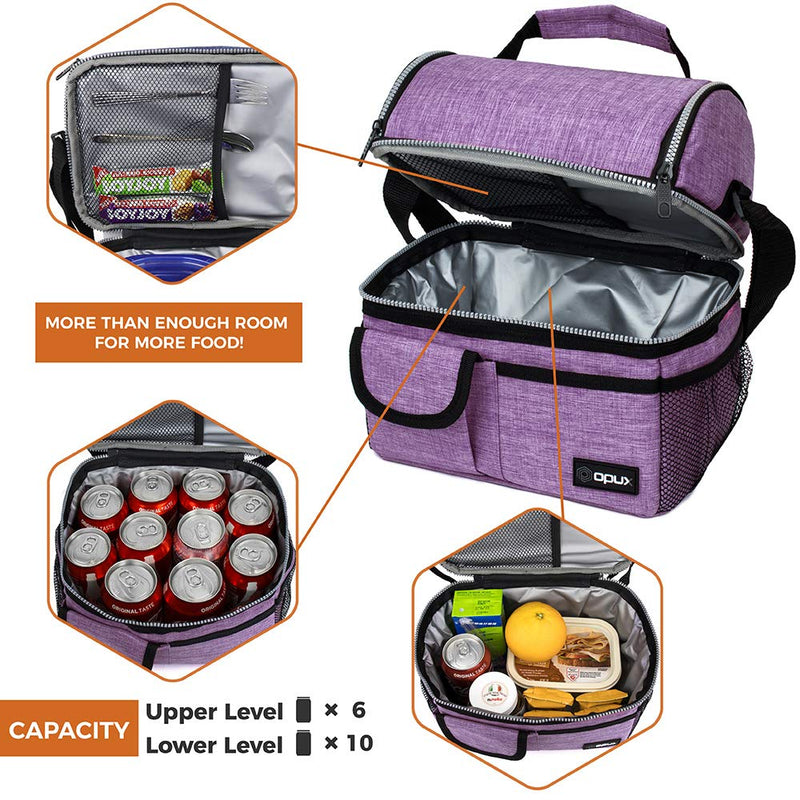 NewNest Australia - OPUX Insulated Dual Compartment Lunch Bag for Women | Double Deck Reusable Lunch Pail Cooler Bag with Shoulder Strap, Soft Leakproof Liner | Large Lunch Box Tote for Work, School (Purple) Heather Purple 