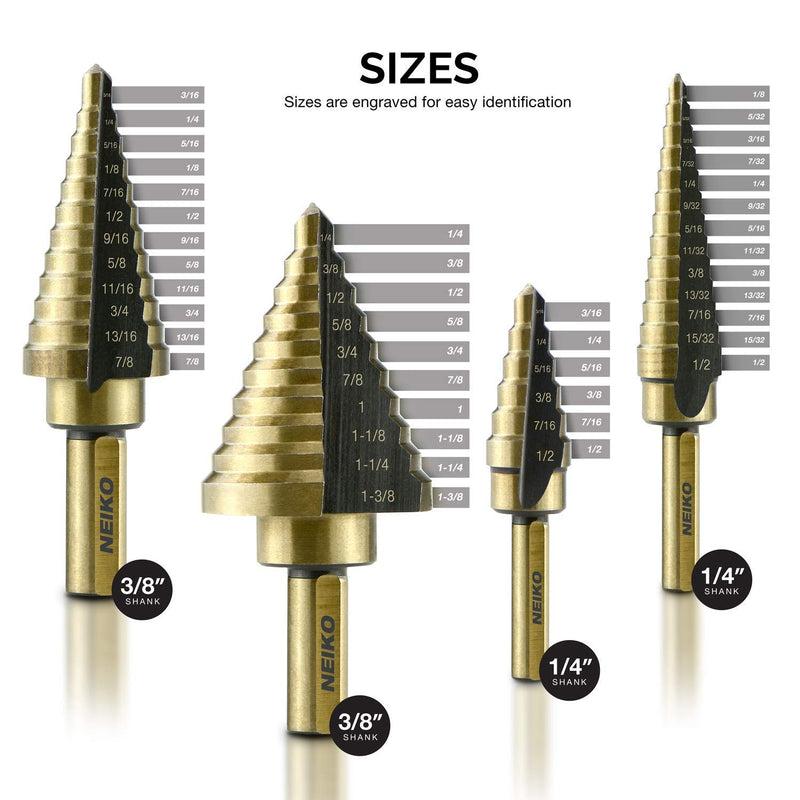 Neiko 10169A Titanium Step Drill Bit Set with Automatic Center Punch, 5-Piece | High Speed Steel | SAE | Total 41 Sizes 4 Pc w/ Center Punch - NewNest Australia